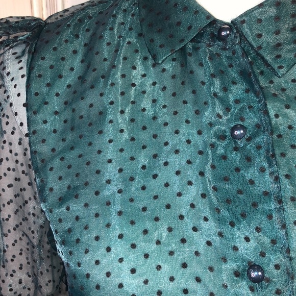 Haute Monde  Sheer Dotted Swiss Puffed Sleeve Button Down Blouse Size Small - Picture 5 of 11